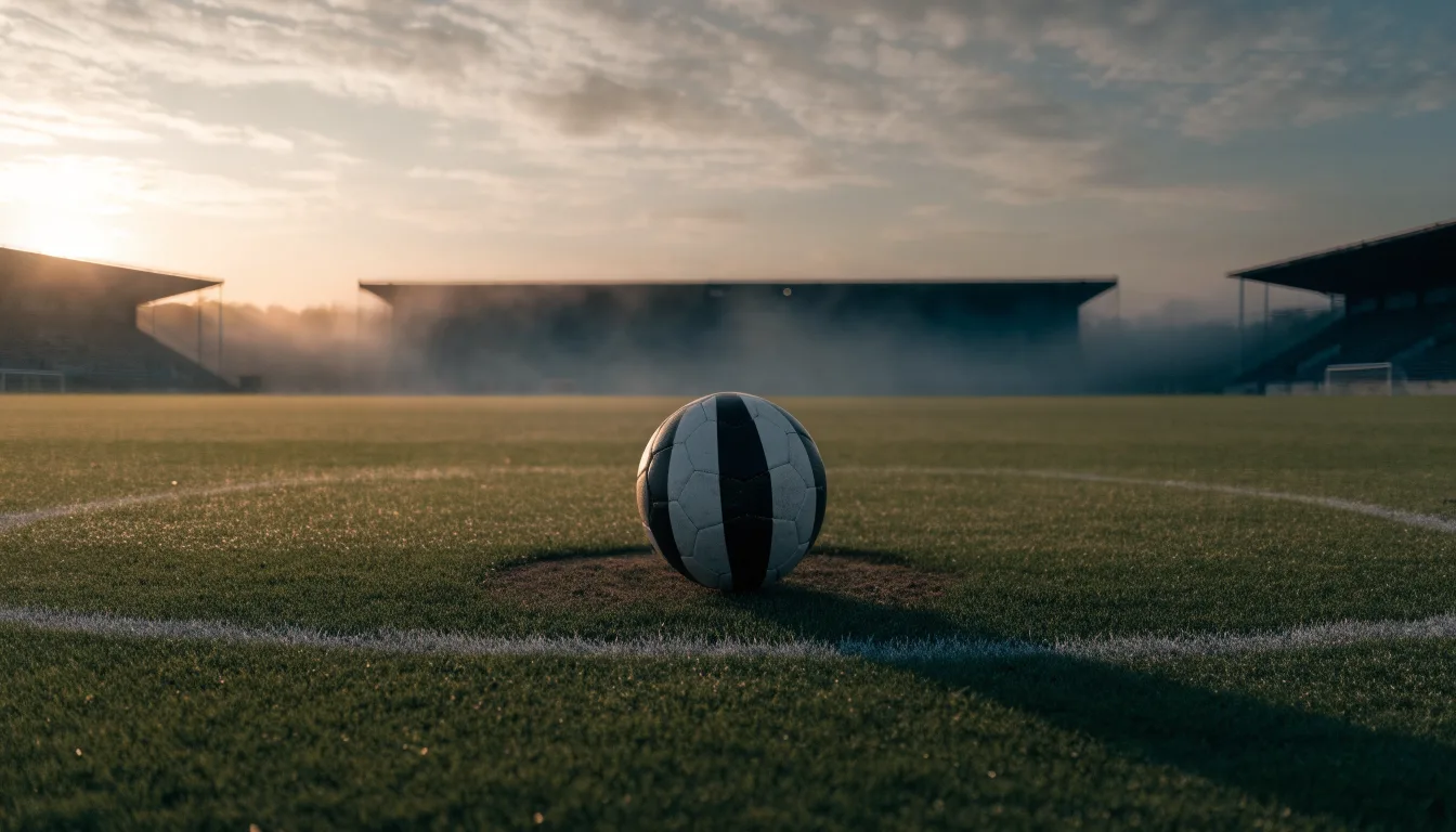 Ein einzelner Fussball liegt auf dem Anstosspunkt eines leeren Rasenplatzes am frühen Morgen, Tau glitzert auf dem Gras, die Tribüne liegt im Dunst.