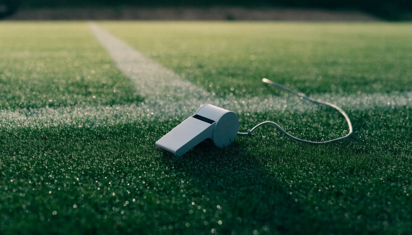 Eine Trillerpfeife liegt auf dem Rasen neben der Mittellinie, Tau hängt an den Halmen, im Hintergrund ein leerer Spielfeldrand.