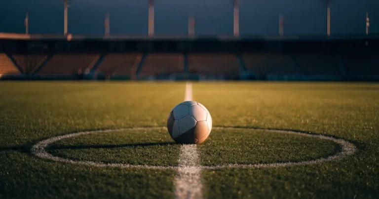 Ein Fussball liegt auf dem Mittelkreis eines Rasenfelds, die weissen Linien kreuzen sich auf dem gepflegten Gras im warmen Abendlicht.
