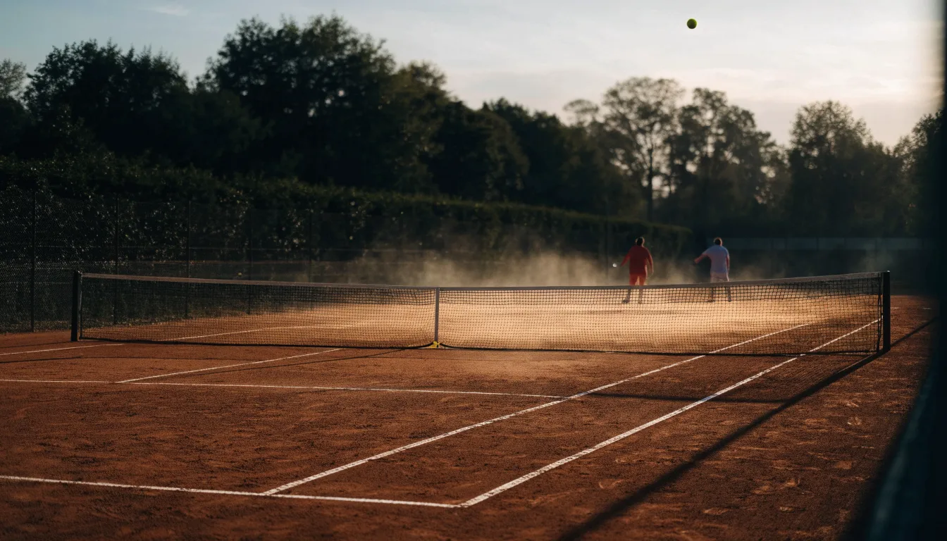 Ein Tennisplatz bei Sonnenaufgang, die Linien frisch gezogen, das Netz in der Mitte und Nebel über dem Boden.