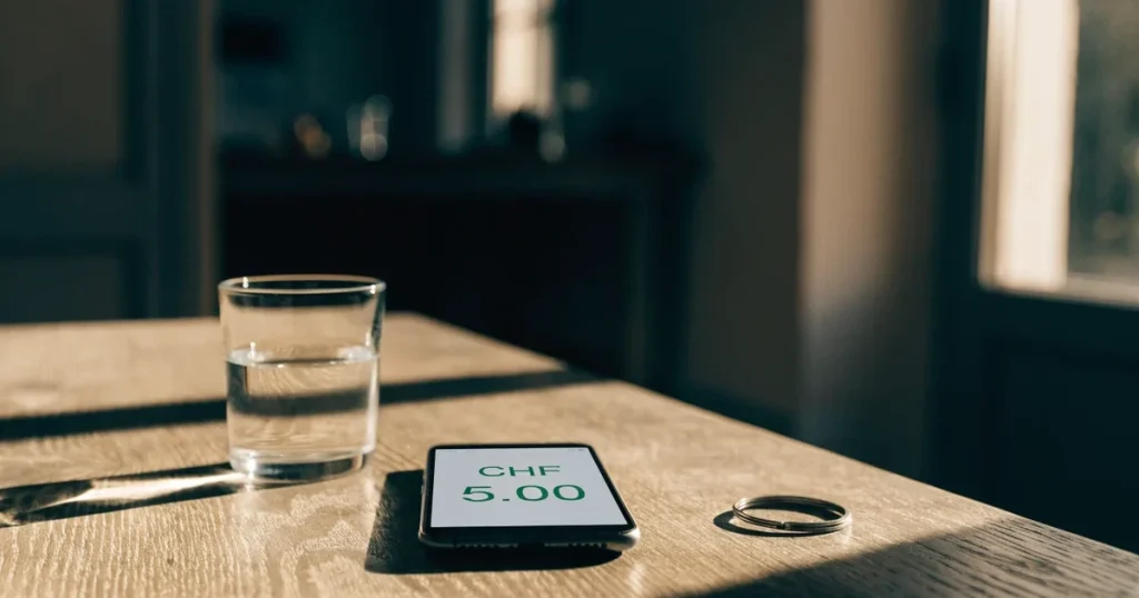 Ein Smartphone mit schwarzem Display liegt auf einem Holztisch neben einem Glas Wasser und einem Schlüsselbund.