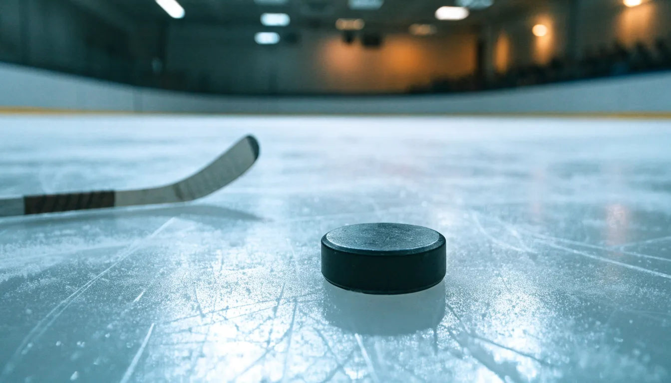 Ein Eishockeypuck liegt auf dem Eis, im Hintergrund unscharf die Bande unter hellem Hallenlicht.