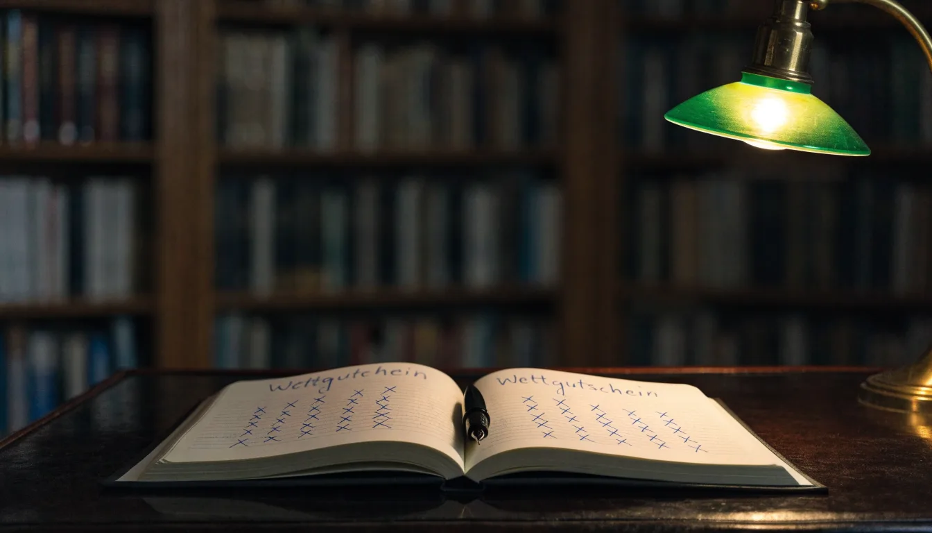 Eine Bibliothek mit hohen Holzregalen voller Bücher, im Vordergrund ein Lesetisch mit grüner Lampe.