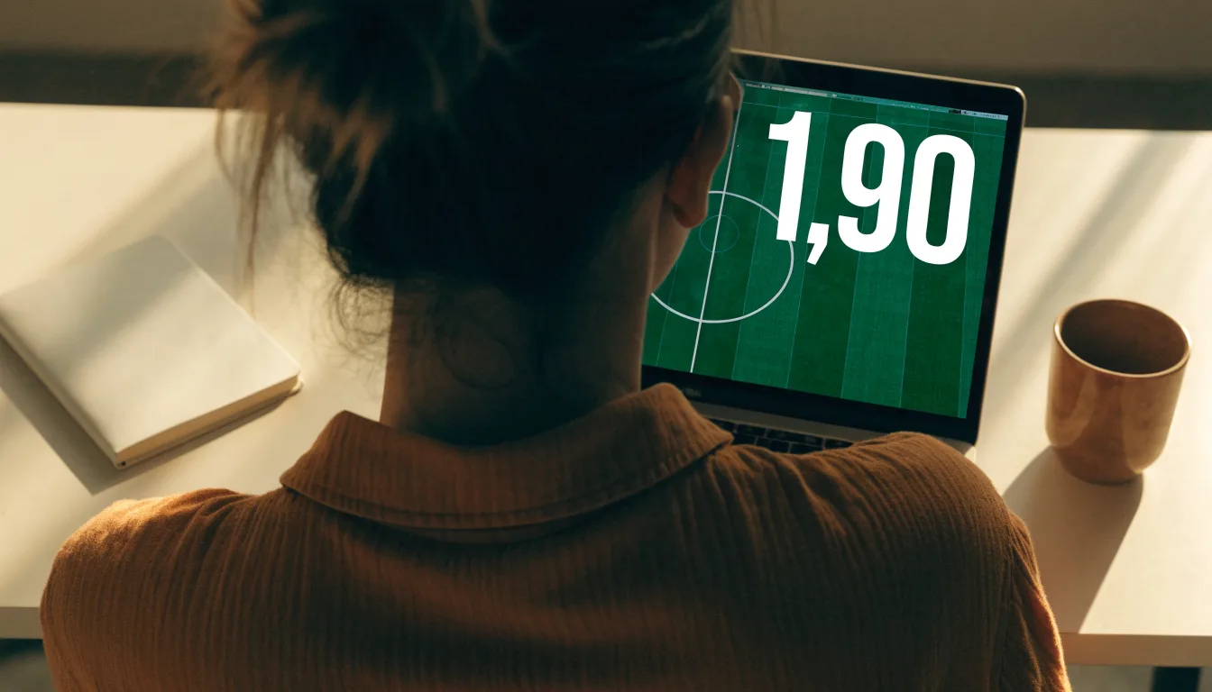 Ein Fussballplatz von oben gesehen, die Linien bilden ein helles Muster auf dem Rasen, Drohnenperspektive in der Morgendämmerung.