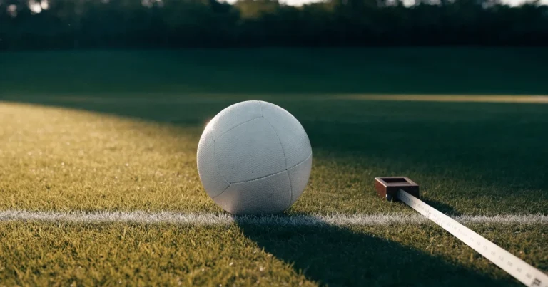 Ein Fussball und ein Massband liegen auf kurz geschnittenem Rasen neben einer Kreidelinie, Morgenlicht von der Seite.