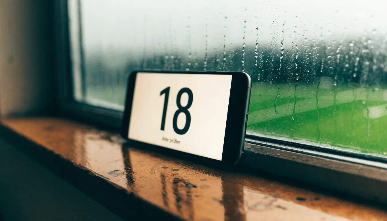 Ein Sofa mit Wolldecke steht vor einem grossen Fenster, draussen Regen und in der Ferne ein Fussballplatz.