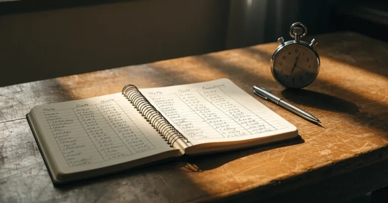 Ein aufgeschlagenes Notizbuch mit handschriftlichen Notizen und Skizzen liegt neben einer Stoppuhr auf einem Holztisch.
