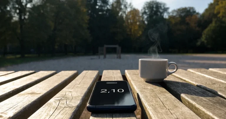 Ein Smartphone mit dunklem Display liegt auf einer Parkbank, daneben ein Kaffeebecher, im Hintergrund ein Spielplatz.