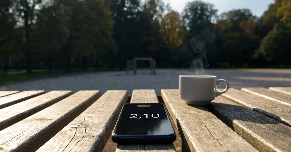 Ein Smartphone mit dunklem Display liegt auf einer Parkbank, daneben ein Kaffeebecher, im Hintergrund ein Spielplatz.