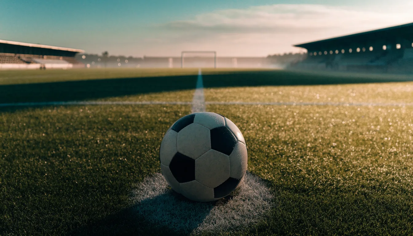Ein Fussball liegt auf dem Anstosspunkt eines leeren Rasenplatzes im frühen Morgenlicht, dahinter erhebt sich eine menschenleere Tribüne.