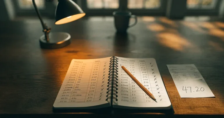 Ein aufgeschlagenes Notizbuch mit handschriftlichen Strichlisten und Spalten liegt neben einem Bleistift auf einem Holztisch im warmen Licht einer Schreibtischlampe.