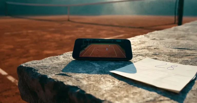 Ein Sandplatz für Tennis liegt bei Sonnenaufgang still da, das Netz wirft einen langen Schatten über die weissen Linien.