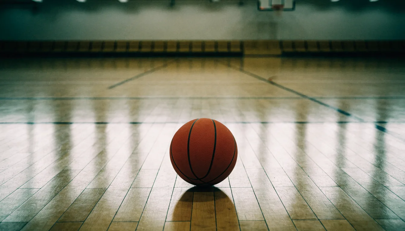 Ein Basketball liegt auf dem Parkett einer leeren Halle, von den Deckenlampen fällt gleichmässiges Licht auf den Boden.