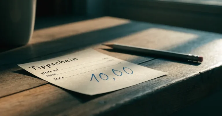 Ein leerer Wettschein aus Papier liegt auf einem Holztisch neben einem Bleistift und einem Kaffeebecher.