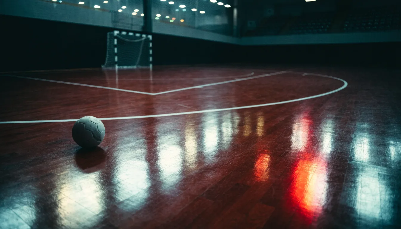 Ein Handballtor in einer leeren Sporthalle, der Ball liegt im Torraum und das Hallenlicht spiegelt sich im Parkett.