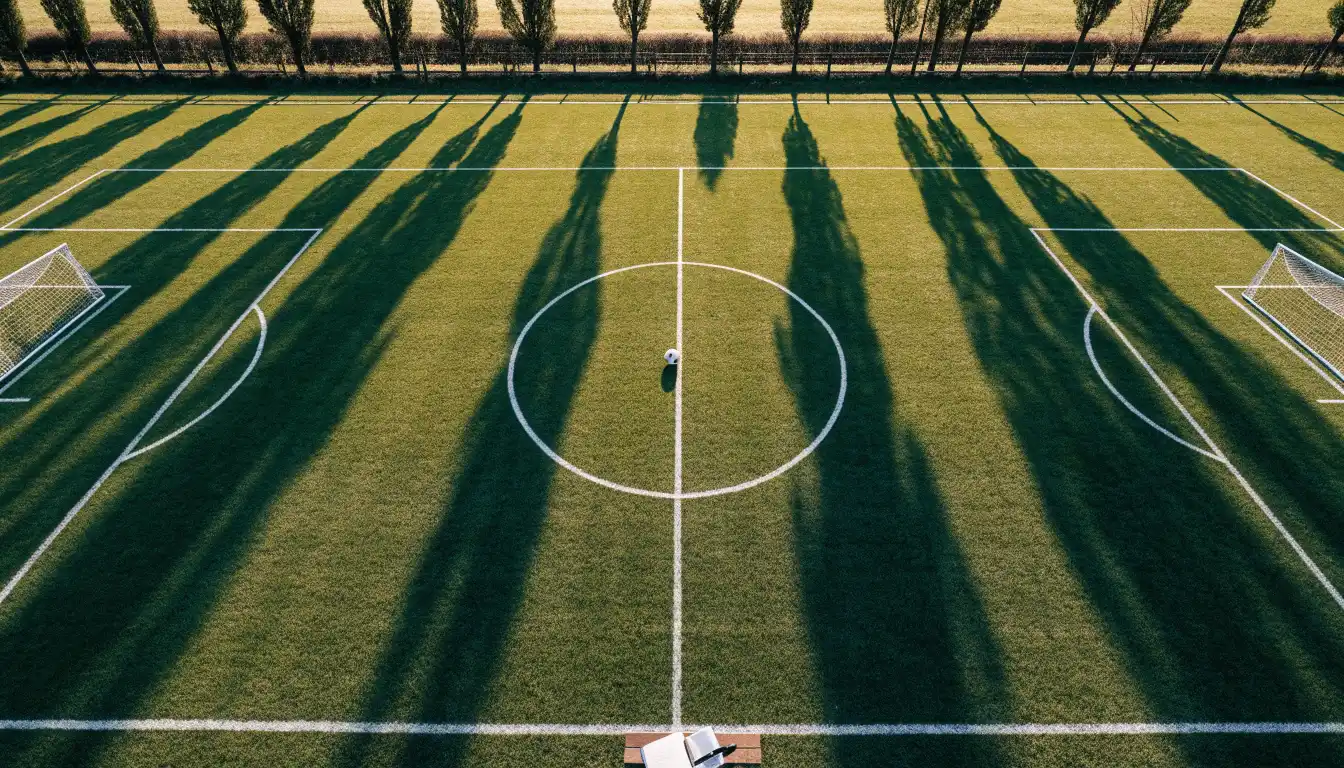Ein leerer Fussballplatz mit weissen Linien von oben gesehen im Morgenlicht, am Rand stehen zwei Tore und eine Reihe Pappeln.