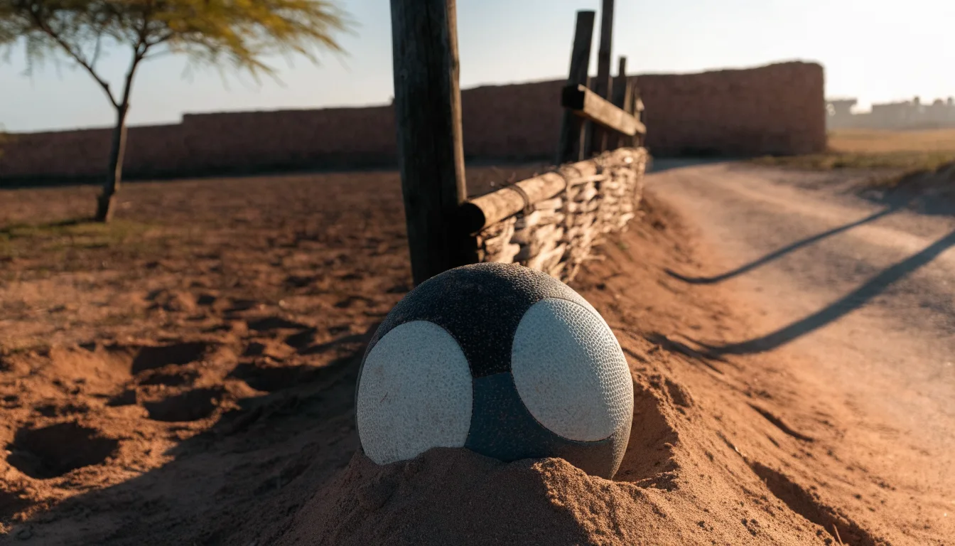 Ein Fussball liegt auf rotbraunem Sand am Rand eines Dorfes, die Abendsonne wirft lange Schatten.