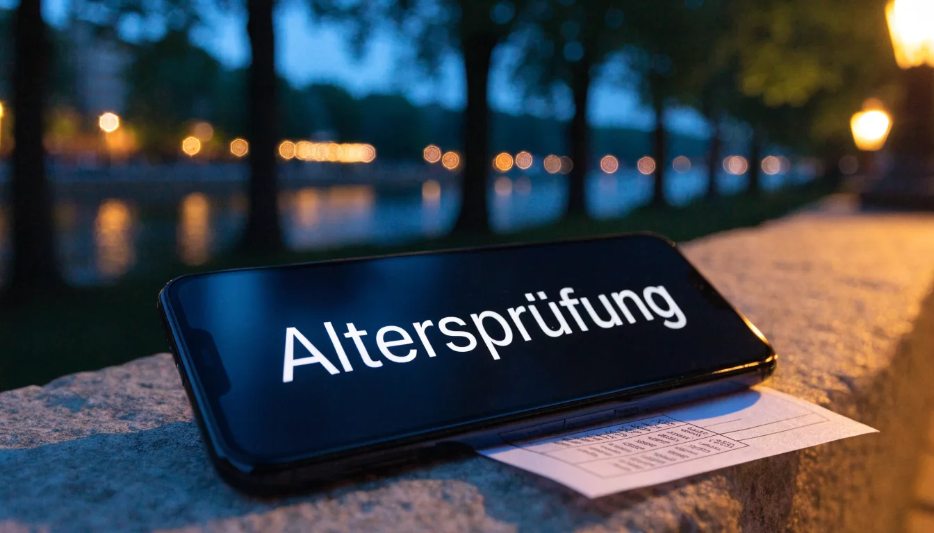 Eine Rheinpromenade mit hohen Bäumen am Abend, das Wasser spiegelt das Licht der ersten Laternen.