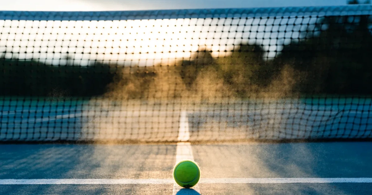 Ein Tennisnetz in Nahaufnahme im Gegenlicht der tiefstehenden Sonne, feine Staubkörner schweben über dem Platz.