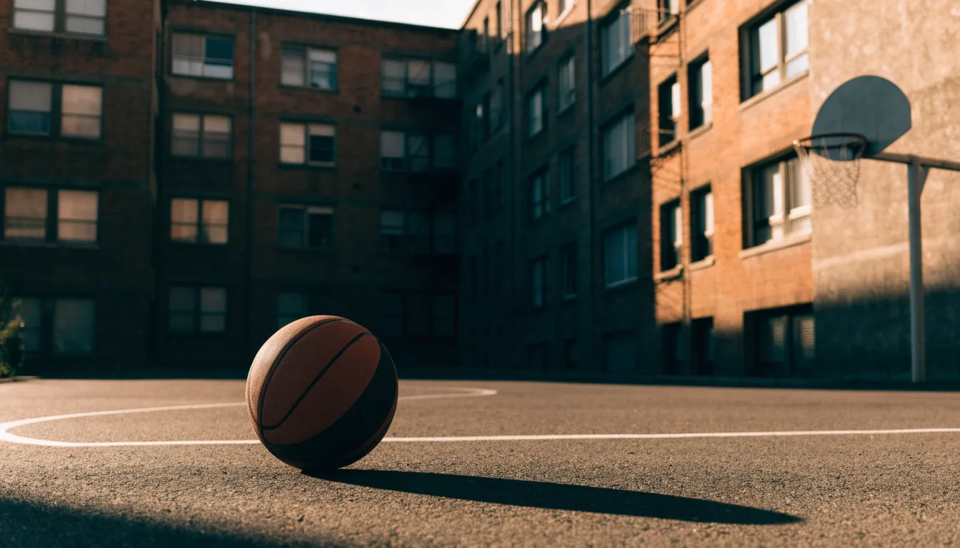 Ein Basketball liegt auf einem Asphaltplatz in einem Hinterhof zwischen Wohnblöcken, das Abendlicht färbt die Wände warm.