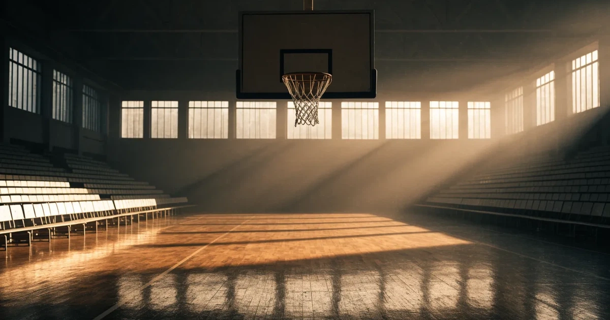 Ein Basketballkorb mit Netz in einer leeren Halle, Licht fällt von hohen Fenstern auf den glänzenden Parkettboden.
