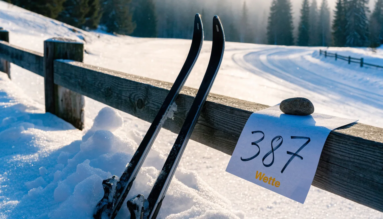 Ein Paar Langlaufskier steckt aufrecht im Schnee neben einem Holzzaun, die Sonne glitzert auf Eiskristallen.