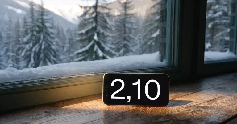 Eine verschneite Langlaufloipe führt durch Tannenwald im Morgenlicht, frische Spuren im Schnee, dahinter Berge im Dunst.