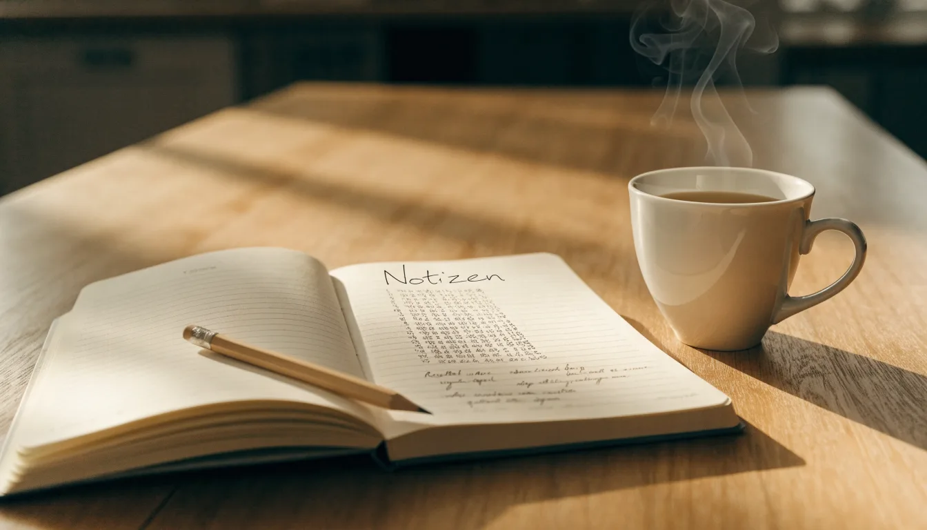 Ein aufgeschlagenes Notizbuch mit handgeschriebenen Spalten und ein Bleistift neben einer Tasse Kaffee auf einem Holztisch am Morgen