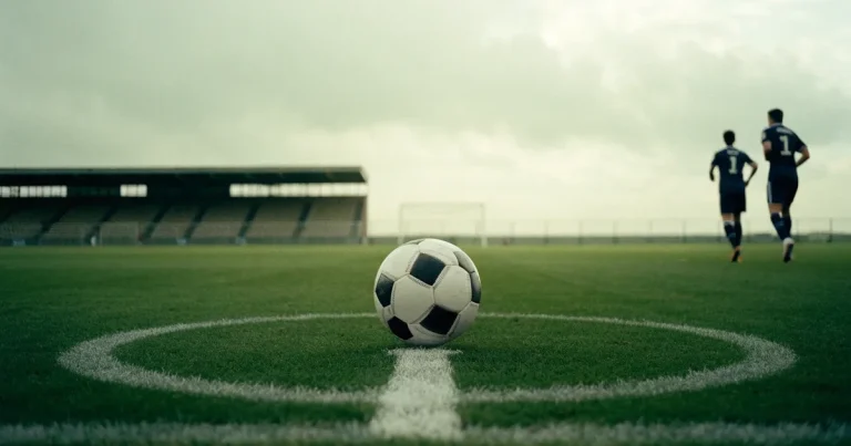 Ein Fussball liegt auf dem Anstosspunkt eines frisch gemähten Rasens, dahinter eine grosse Tribüne unter bewölktem Himmel