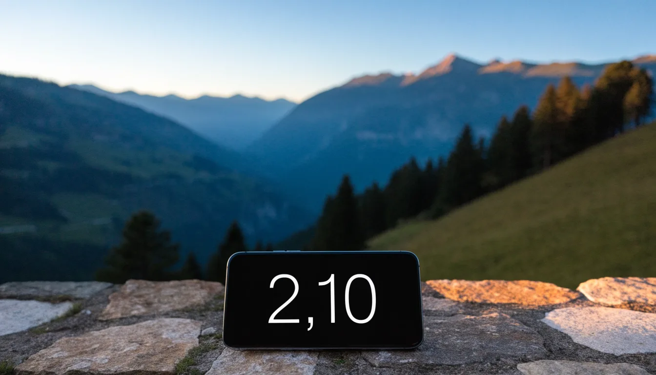 Ein Smartphone mit dunklem Display liegt auf einer Steinmauer, dahinter ein Alpental im Abendlicht