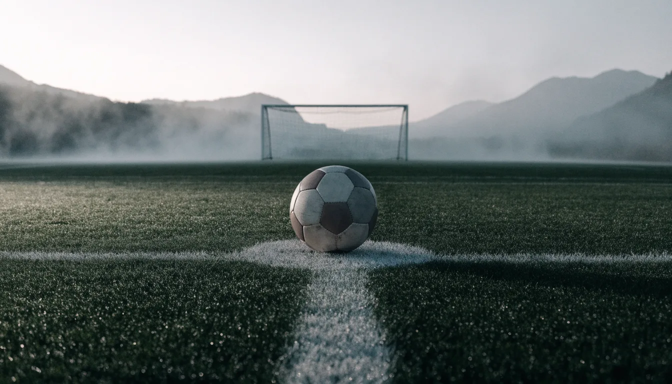 Ein einzelner Fussball auf dem Mittelpunkt eines leeren Rasens im Morgennebel, hinter dem Tor ragen Berge auf