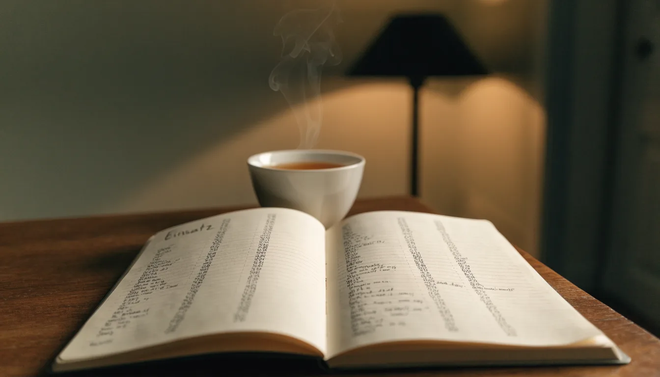 Ein Notizbuch mit handschriftlichen Einträgen und eine Tasse Tee stehen auf einem Tisch neben einer Stehlampe