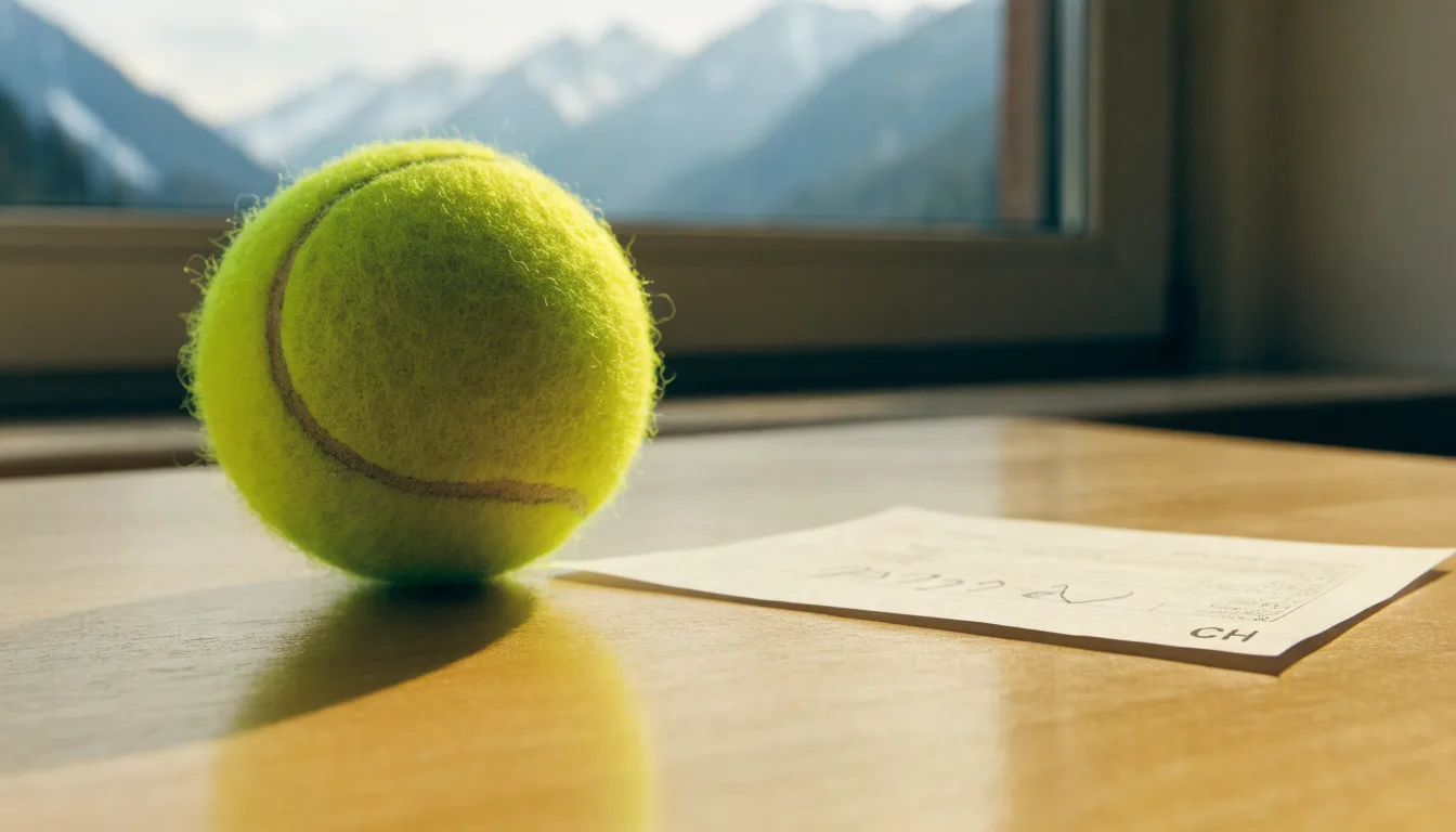 Ein einzelner gelber Tennisball liegt auf einem Holztisch vor einem Fenster mit Alpenblick