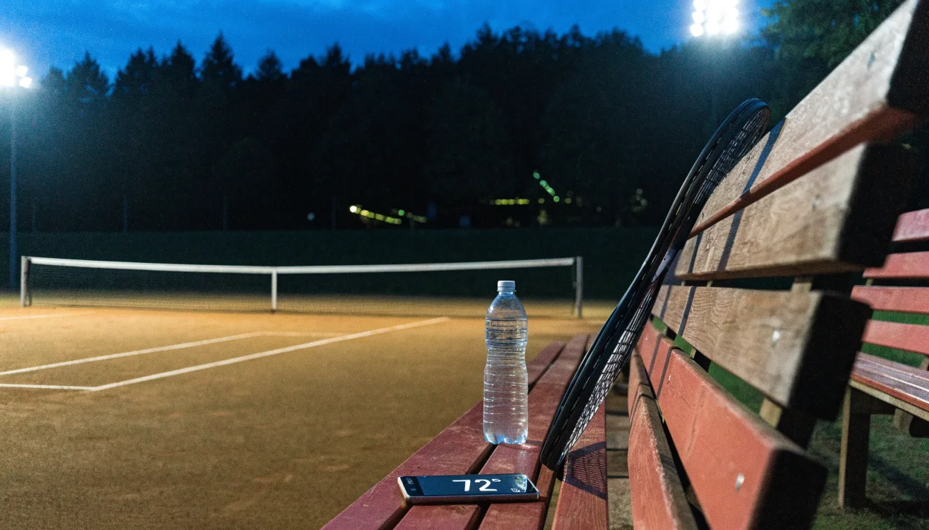 Ein Tennisschläger lehnt an einer Bank neben einer Wasserflasche, am Abend ruht der Platz im Flutlicht, aus der Ferne gesehen