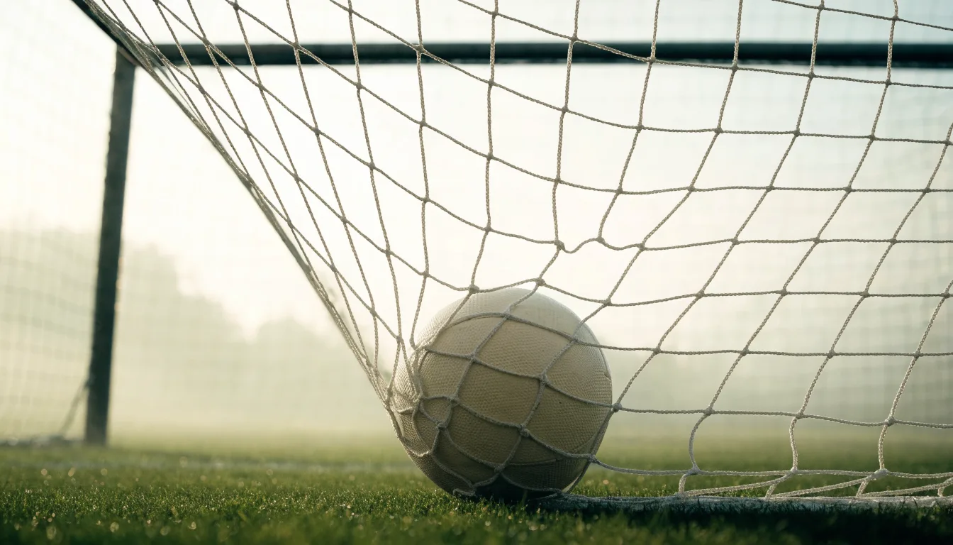 Ein Fussball liegt im Netz hinter einem Tor, weicher Morgennebel hängt über dem Rasen