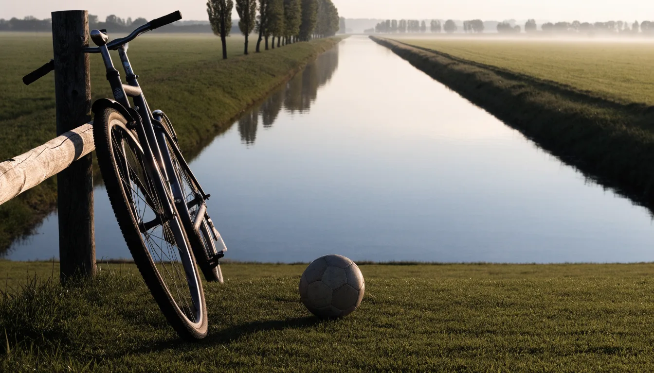 Ein Fussball liegt auf einer Wiese neben einem Fahrrad, im Hintergrund ein Kanal im Morgenlicht