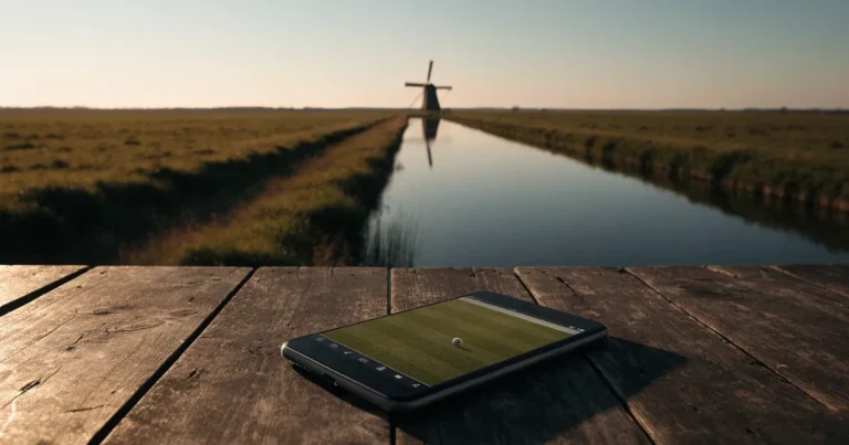 Ein Fussballplatz neben einem Kanal in flachem Land mit Windrädern am Horizont, Abendlicht liegt über dem Rasen