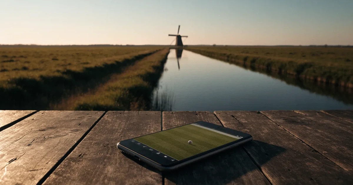 Ein Fussballplatz neben einem Kanal in flachem Land mit Windrädern am Horizont, Abendlicht liegt über dem Rasen