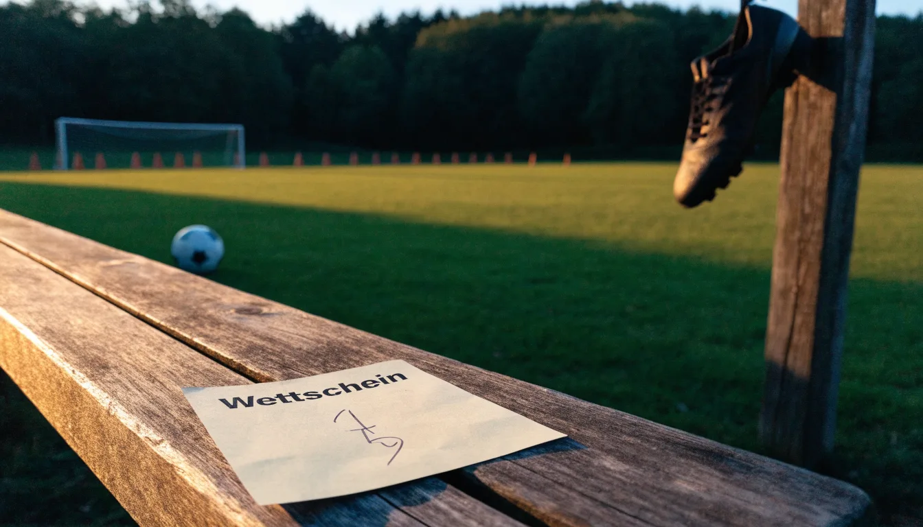 Ein Fussballschuh hängt an den Schnürsenkeln an einem Zaunpfosten neben einem Trainingsplatz im Abendlicht.