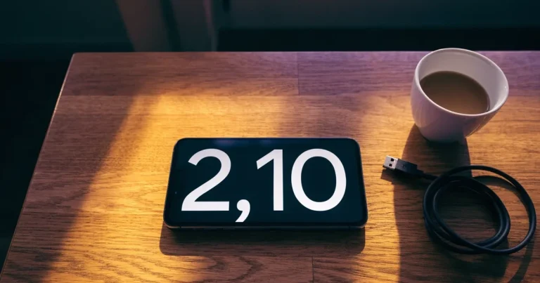 Ein Smartphone mit dunklem Display liegt auf einem Holztisch neben einem Ladekabel und einer Kaffeetasse.