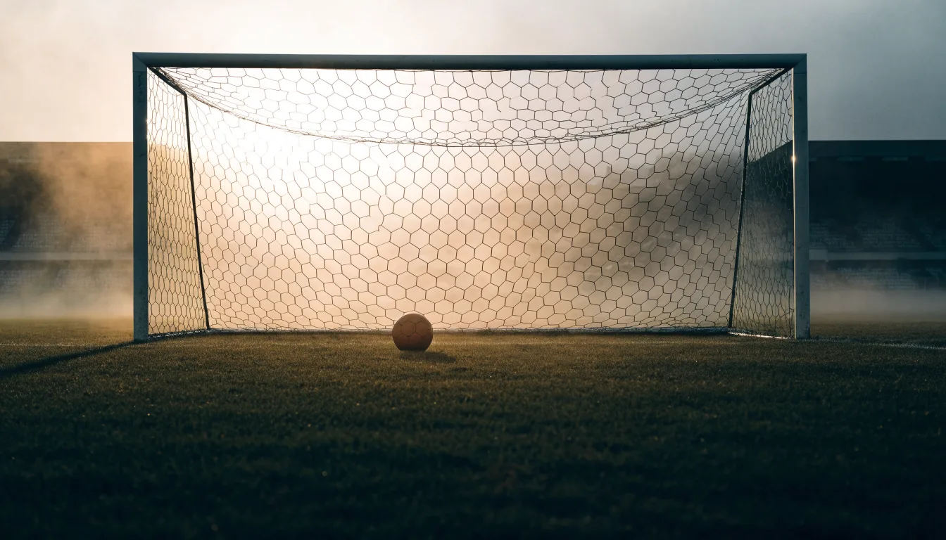 Ein Torpfosten mit Netz steht im Gegenlicht auf einem leeren Fussballplatz, über dem Rasen liegt Nebel.