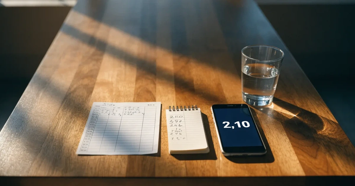 Ein Taschenrechner und ein Bleistift liegen auf einem Holztisch, daneben steht ein halb gefülltes Glas Wasser.
