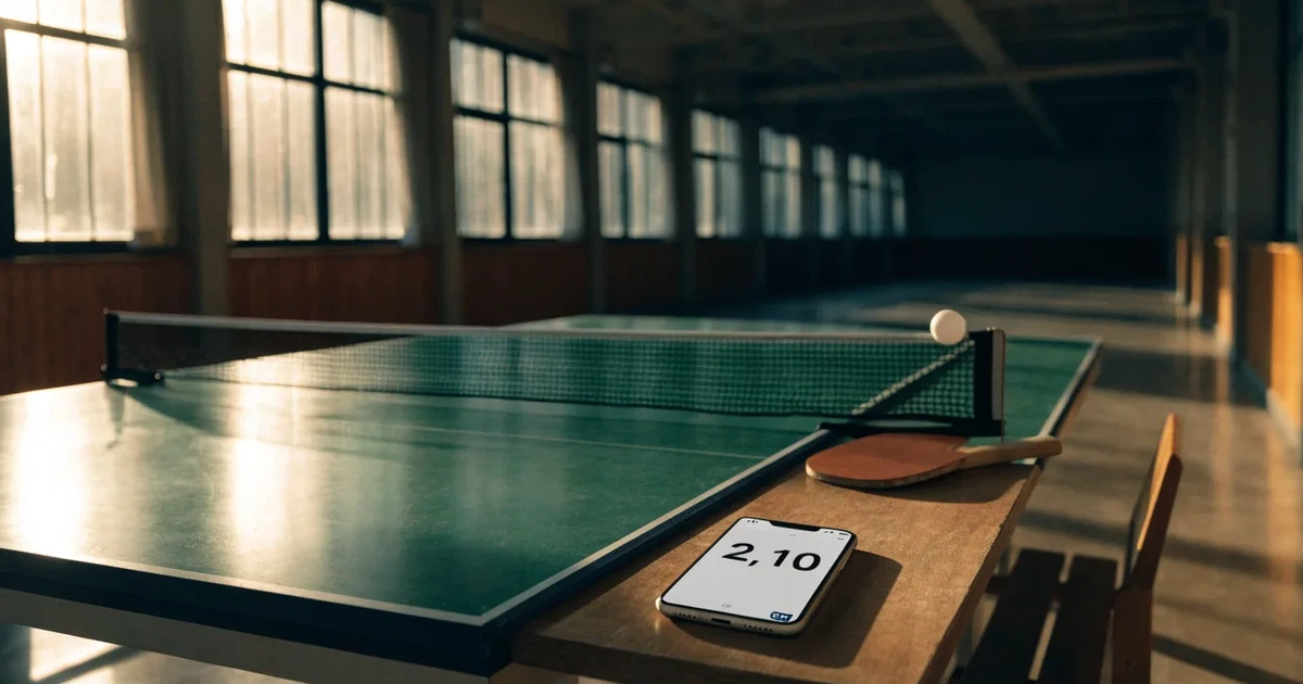 Eine Tischtennisplatte steht in einer leeren Sporthalle, ein einzelner Ball liegt am Netz und Tageslicht fällt von der Seite ein.