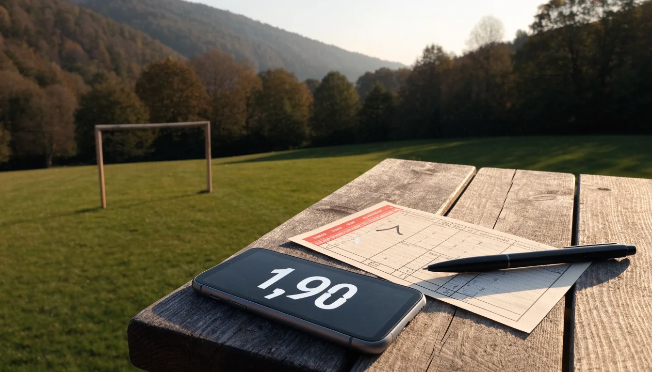 Eine Almwiese mit einem kleinen Holztor für Kinderfussball, dahinter erheben sich bewaldete Hänge im Nachmittagslicht.